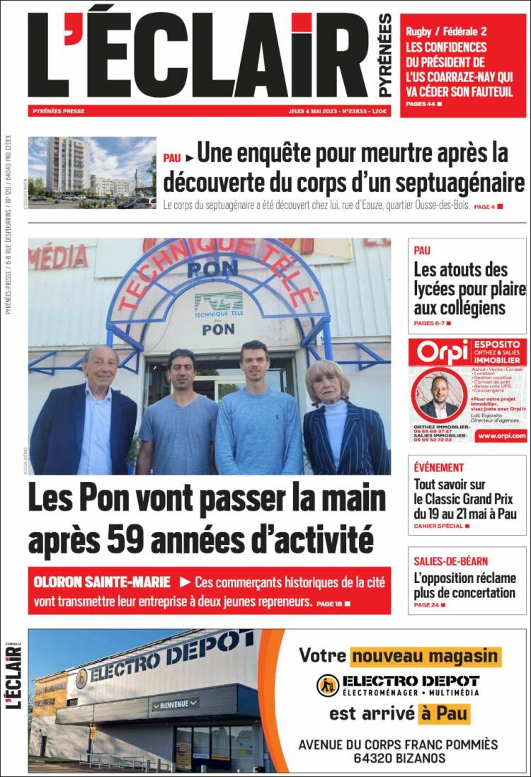 Portada de L'Eclair des Pyrénées (Francia)