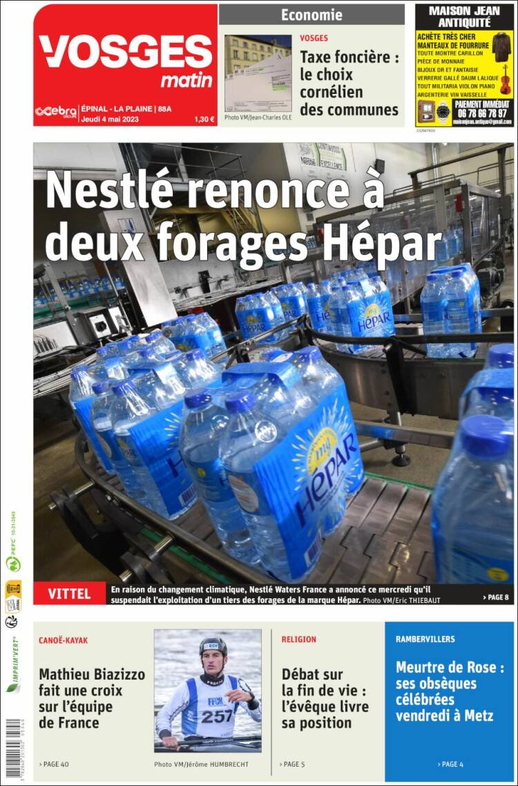 Portada de Vosges Matin (Francia)