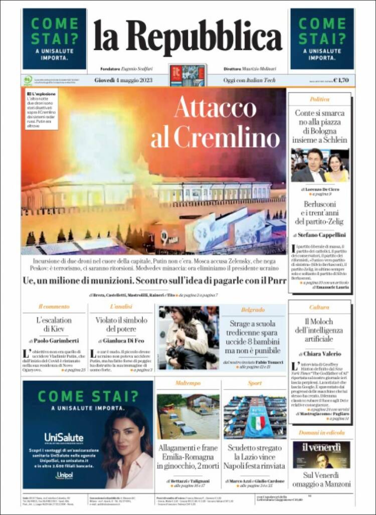 Portada de La Repubblica (Italia)