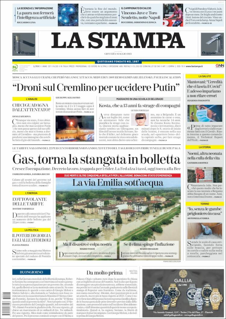 Portada de La Stampa (Italia)