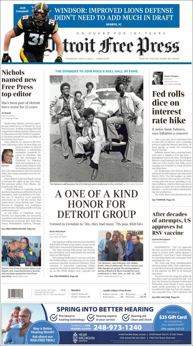 Portada de Detroit Free Press (USA)