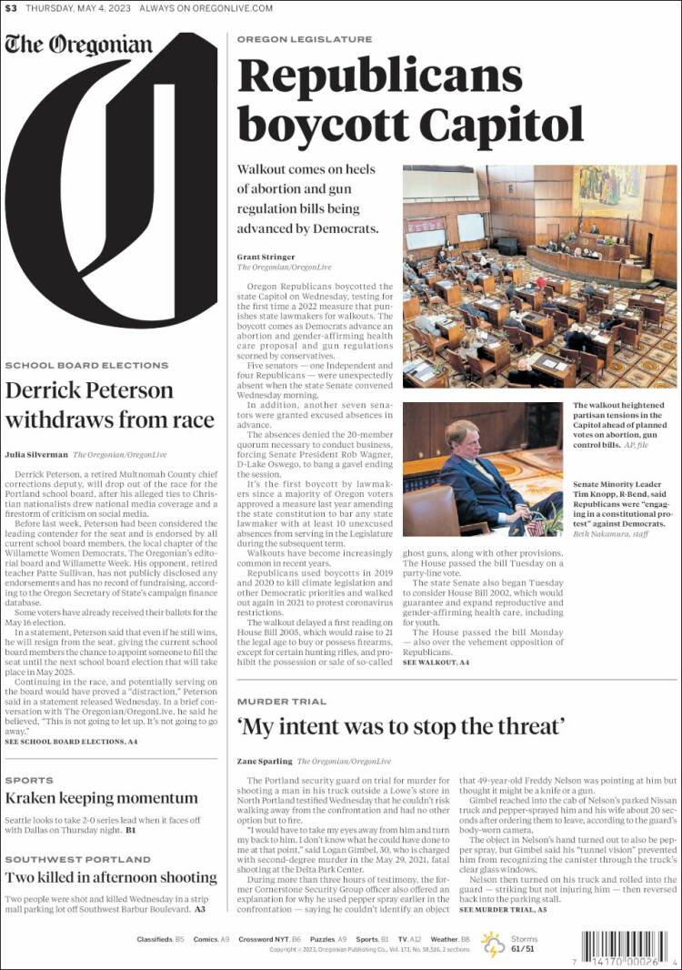 Portada de The Oregonian (USA)