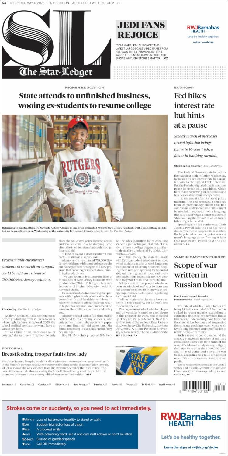 Portada de Star-Ledger (USA)