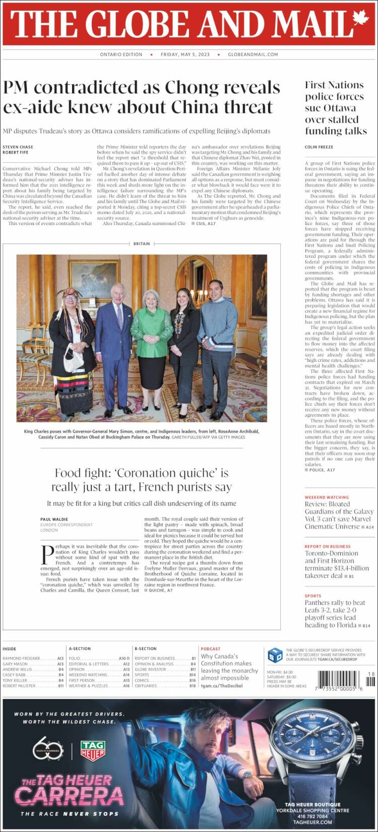 Portada de The Globe and Mail (Canada)