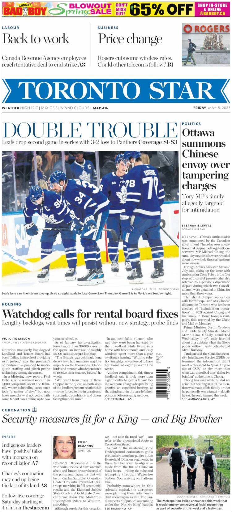 Portada de The Toronto Star (Canada)