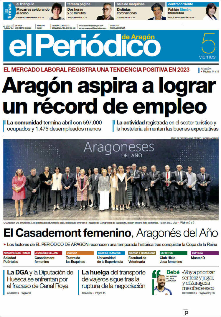 Portada de El Periódico de Aragón (España)
