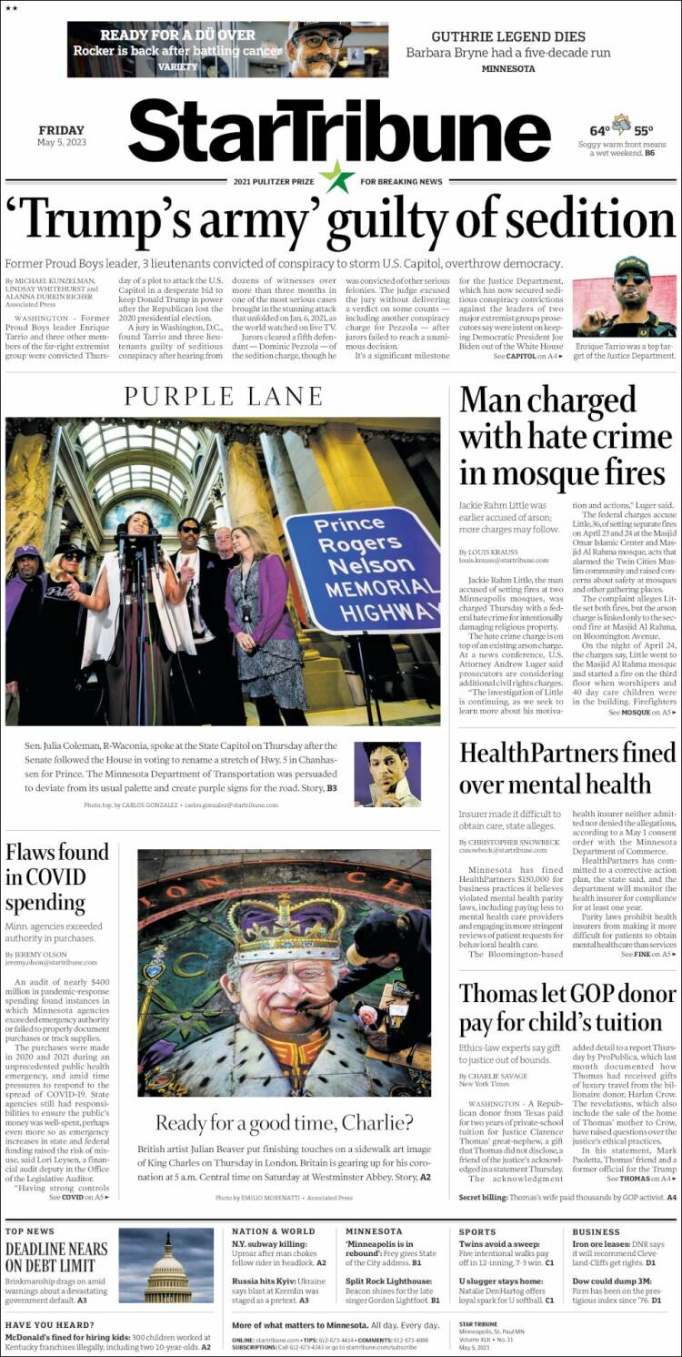 Portada de Star Tribune (USA)