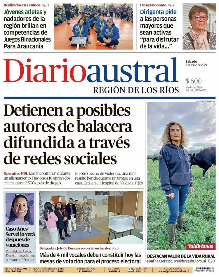 Portada de El Diario Austral de Valdivia (Chile)