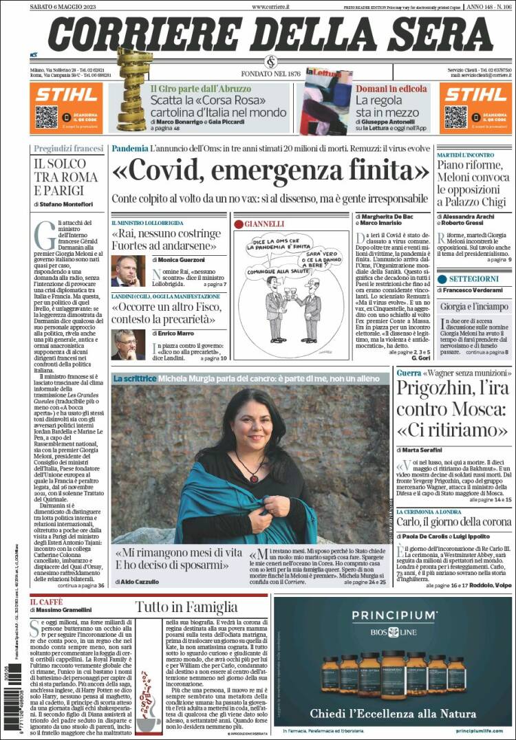 Portada de Corriere della Sera (Italia)