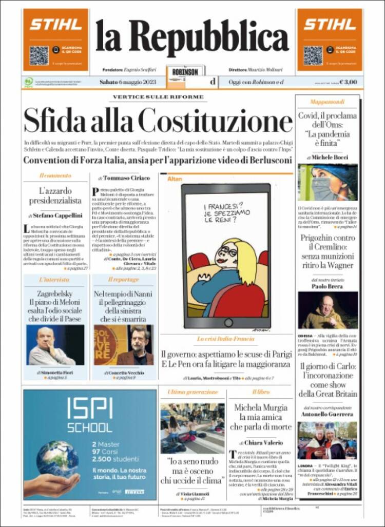 Portada de La Repubblica (Italia)