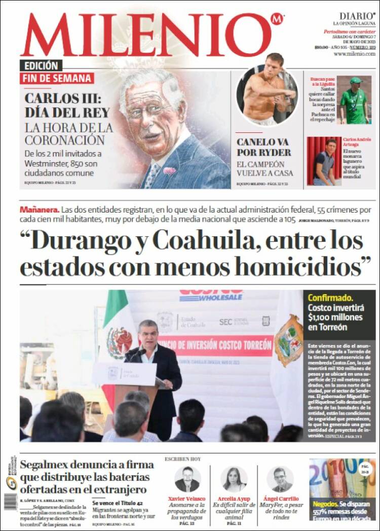 Portada de Milenio - Laguna (México)