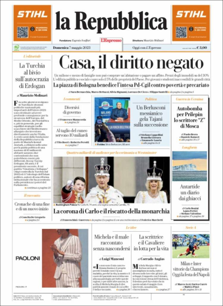 Portada de La Repubblica (Italia)