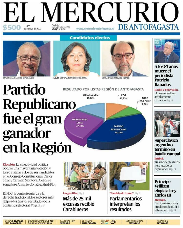 Portada de El Mercurio de Antofagasta (Chile)