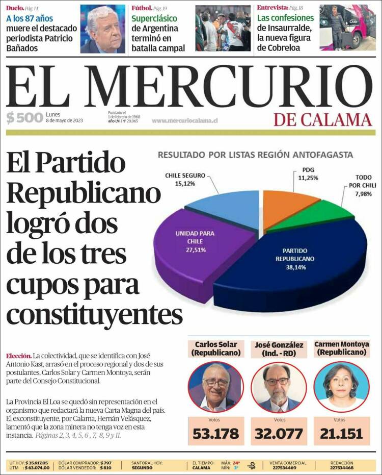 Portada de El Mercurio - Calama (Chile)