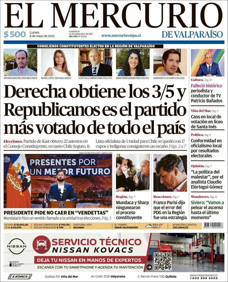 Portada de Mercurio de Valparaiso (Chile)