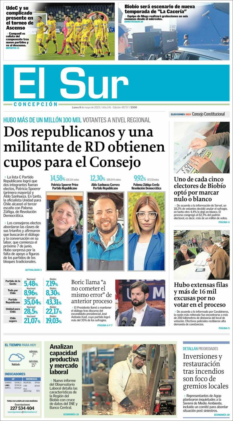 Portada de El Sur (Chile)
