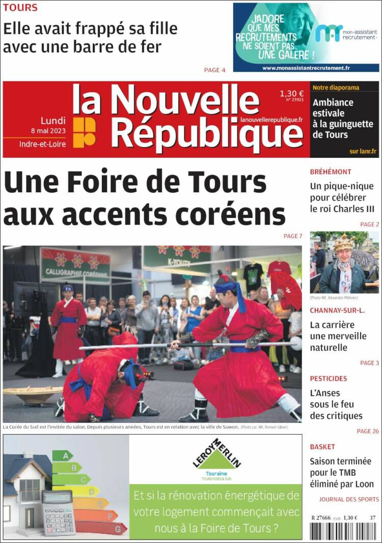 Portada de La Nouvelle Republique (Francia)