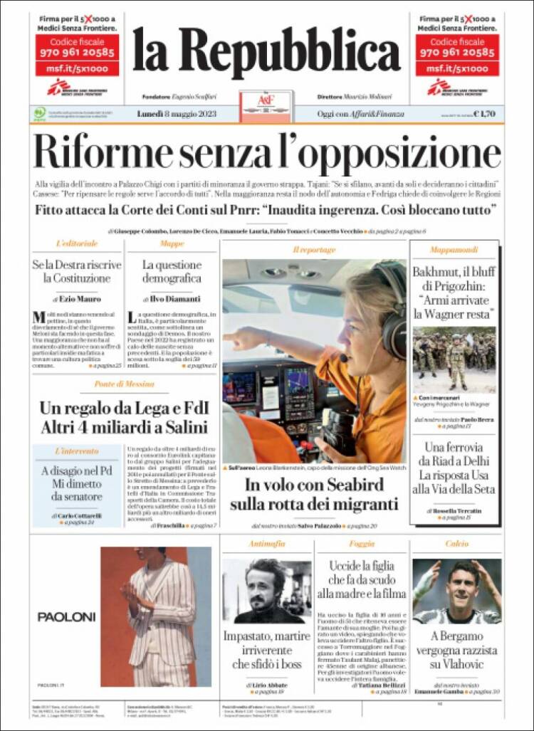 Portada de La Repubblica (Italia)
