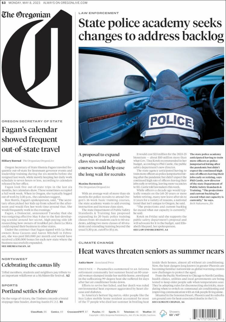 Portada de The Oregonian (USA)