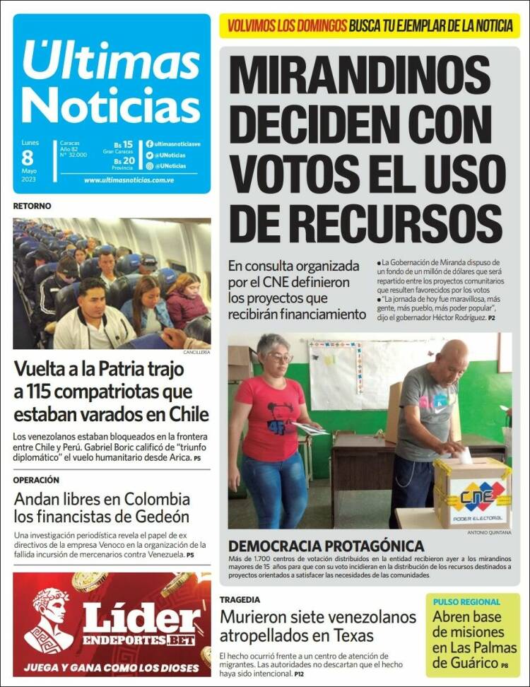 Portada de Últimas Noticias (Venezuela)