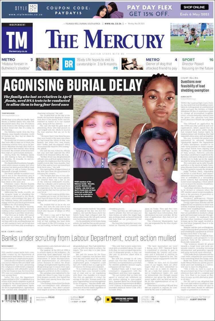 Portada de The Mercury (Sud&aacute;frica)