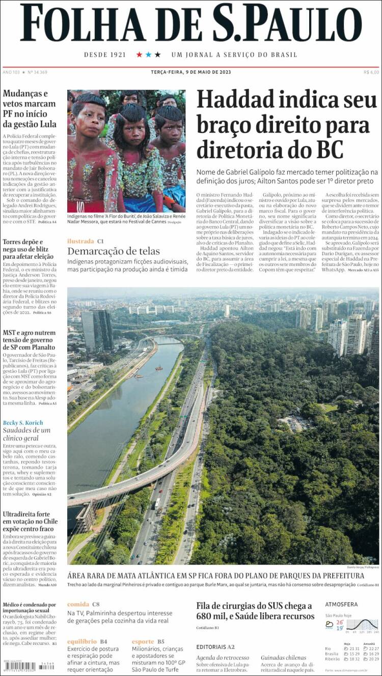 Portada de Folha de São Paulo (Brasil)