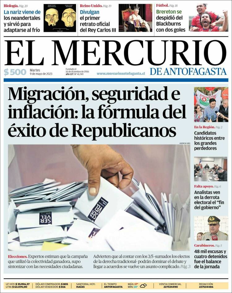 Portada de El Mercurio de Antofagasta (Chile)