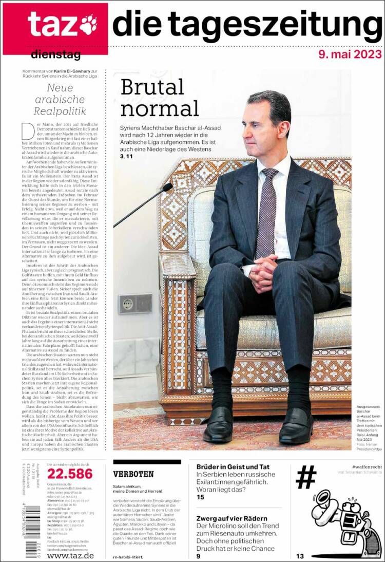 Portada de Die Tageszeitung (Alemania)