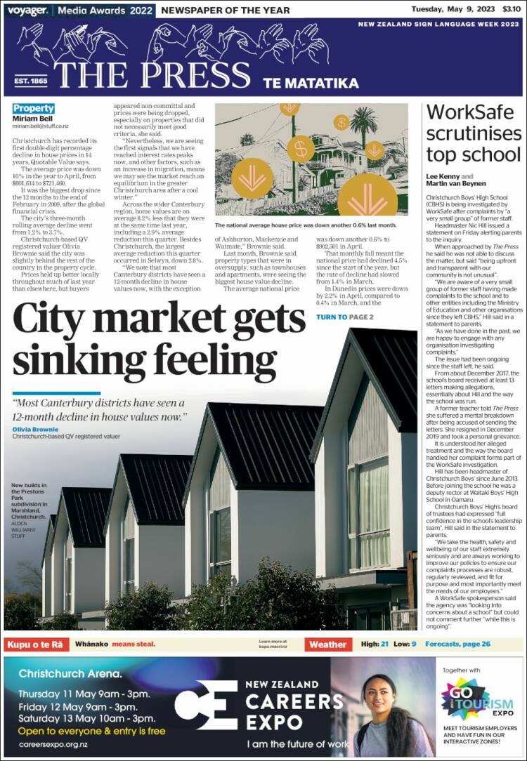 Portada de The Press (Nueva Zelanda)