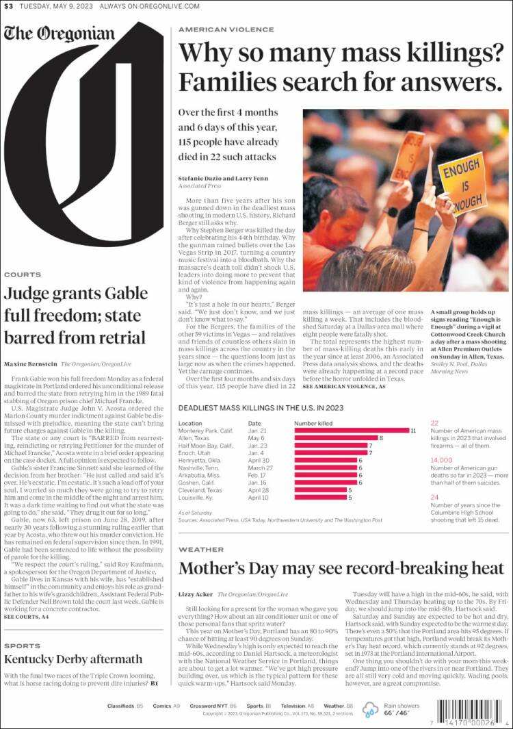 Portada de The Oregonian (USA)