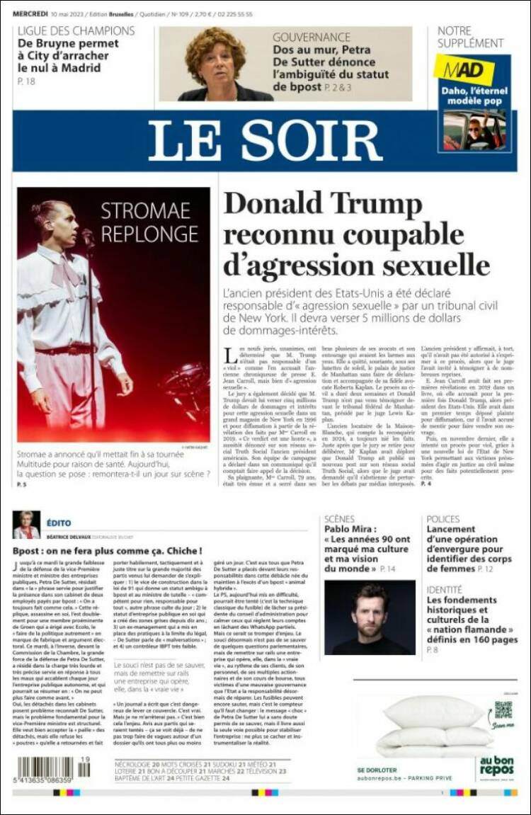 Portada de Le Soir (B&eacute;lgica)