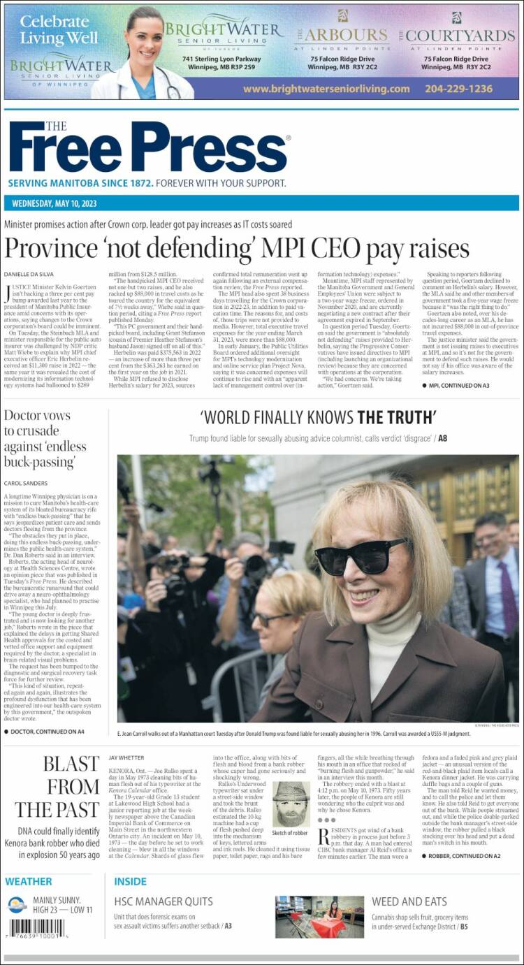 Portada de Winnipeg Free Press (Canadá)