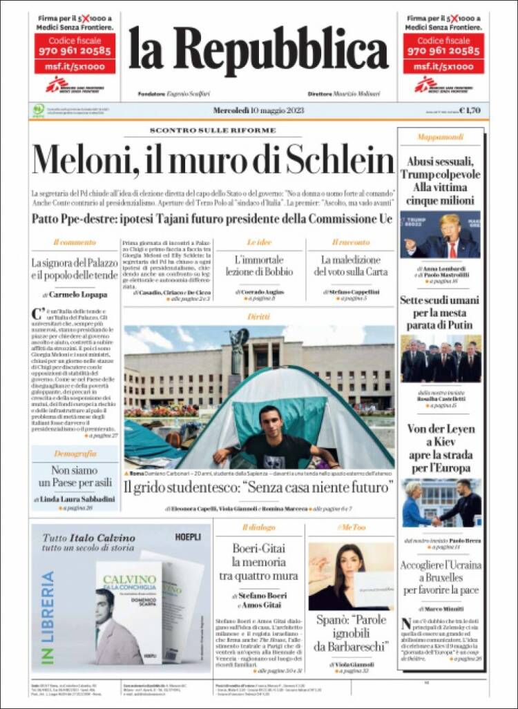 Portada de La Repubblica (Italia)