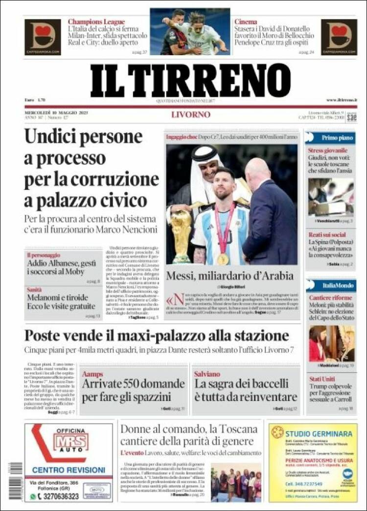 Portada de Il Tirreno (Italia)