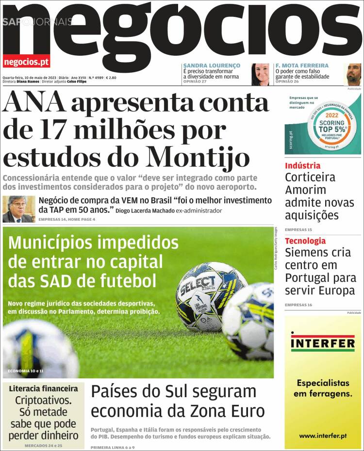 Portada de Jornal de Negócios (Portugal)