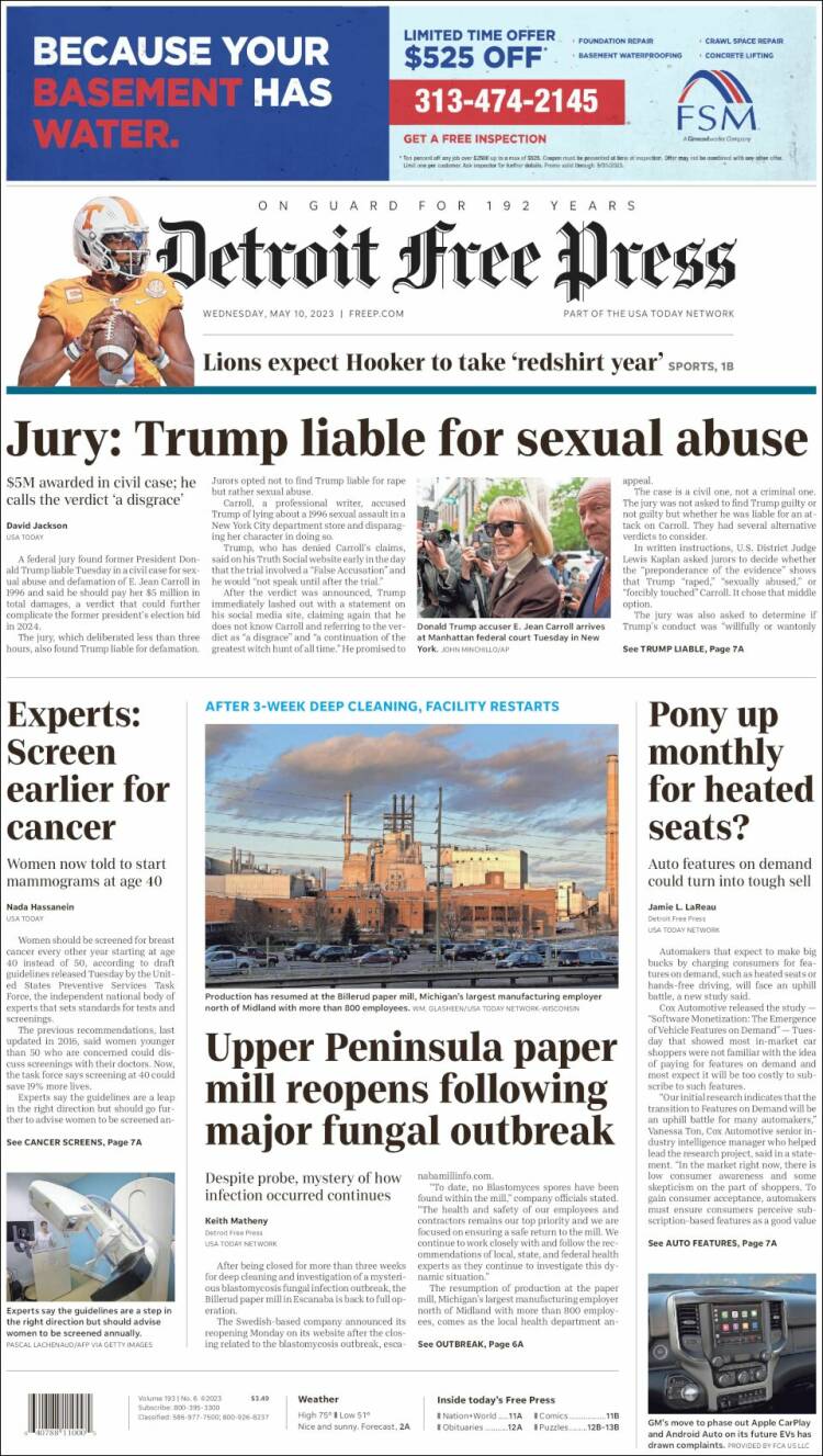 Portada de Detroit Free Press (USA)