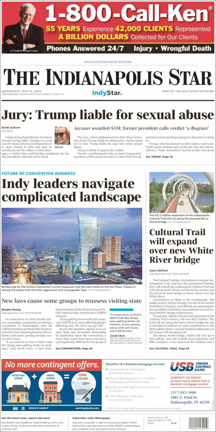 Portada de The Indianapolis Star (USA)