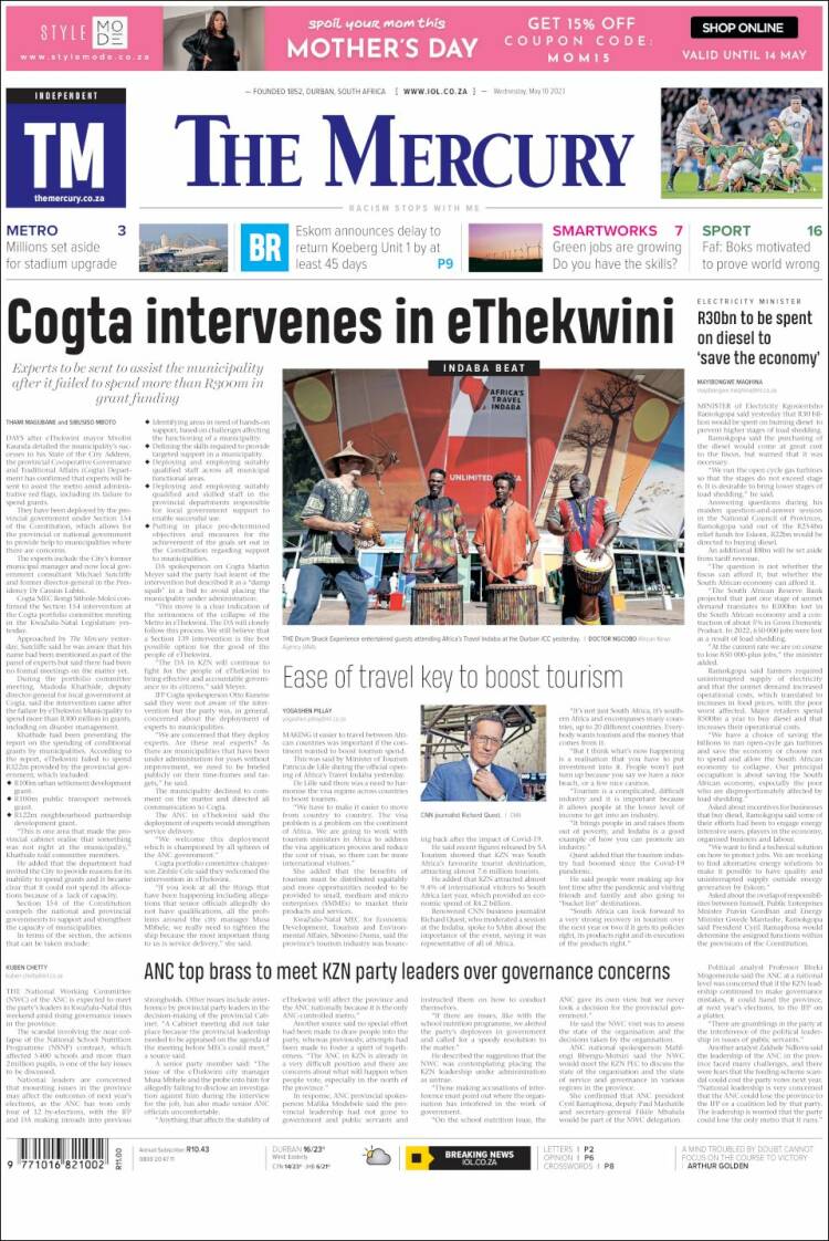 Portada de The Mercury (Sud&aacute;frica)