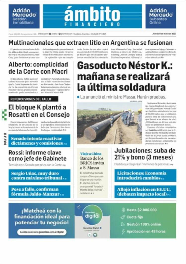 Portada de Diario Ambito Financiero (Argentina)