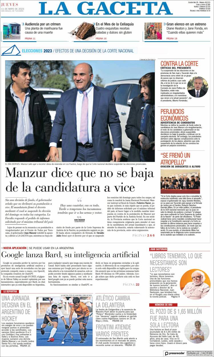Portada de La Gaceta (Argentina)
