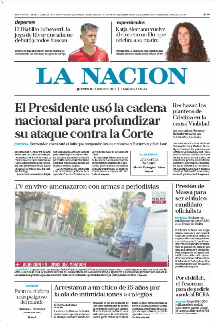 Portada de La Nación (Argentina)