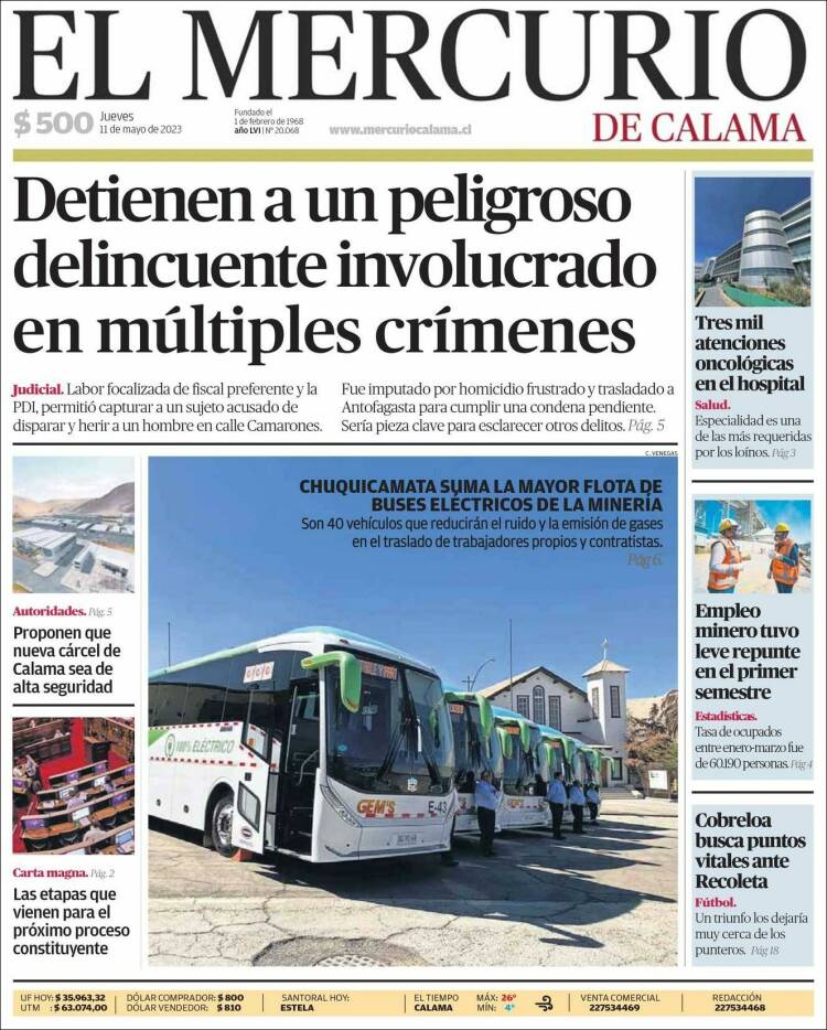 Portada de El Mercurio - Calama (Chile)