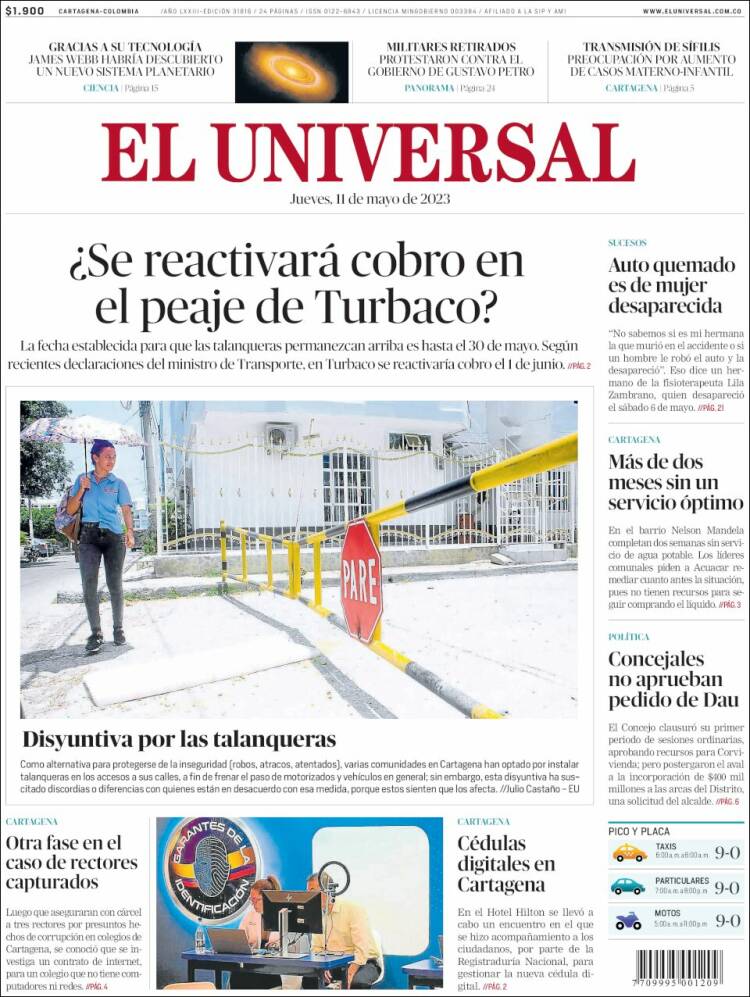 Portada de El Universal (Colombia)