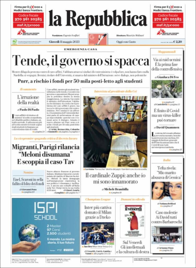Portada de La Repubblica (Italia)