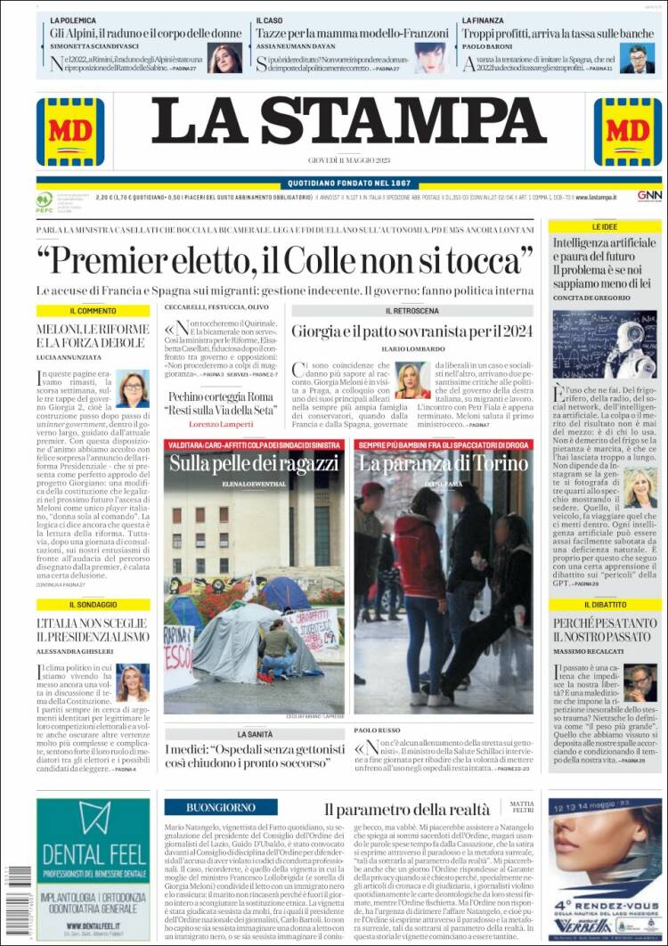 Portada de La Stampa (Italia)
