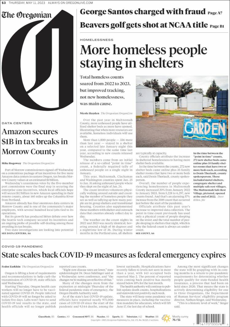 Portada de The Oregonian (USA)