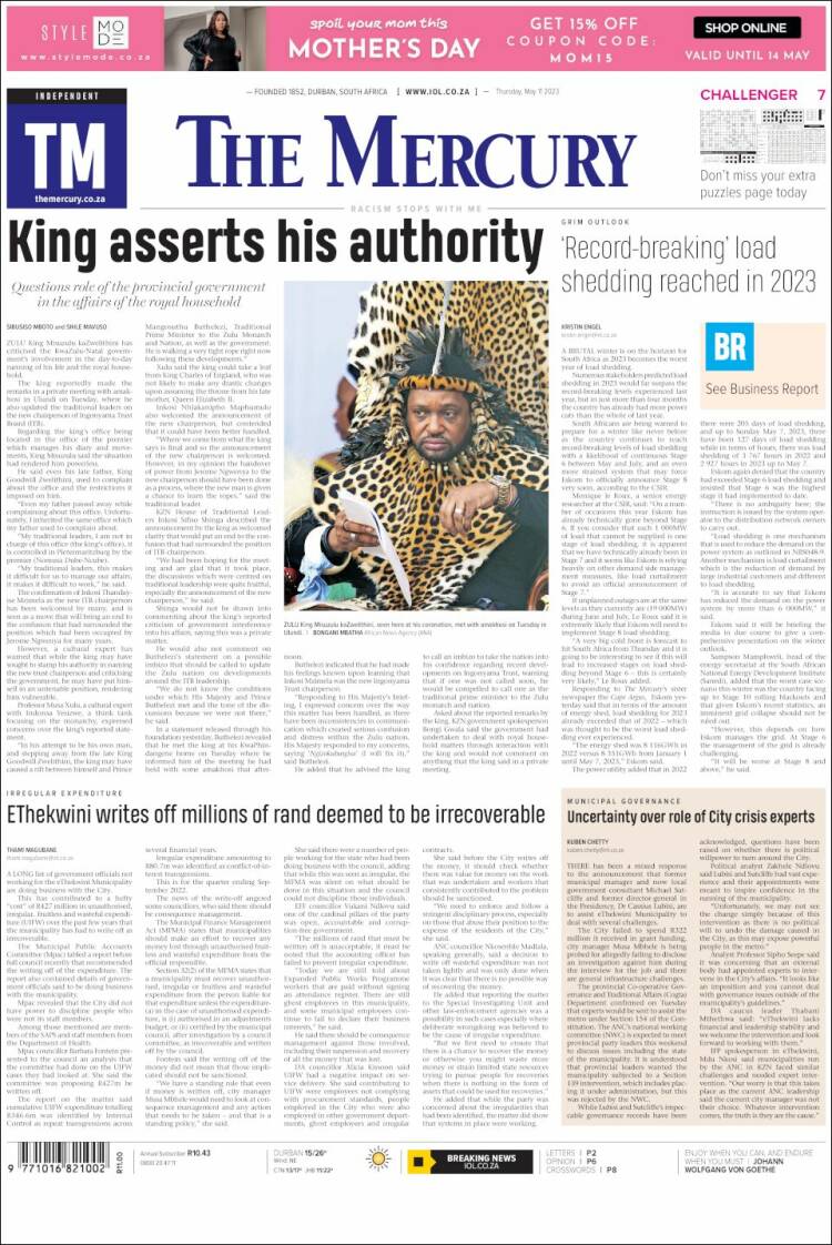 Portada de The Mercury (Sud&aacute;frica)