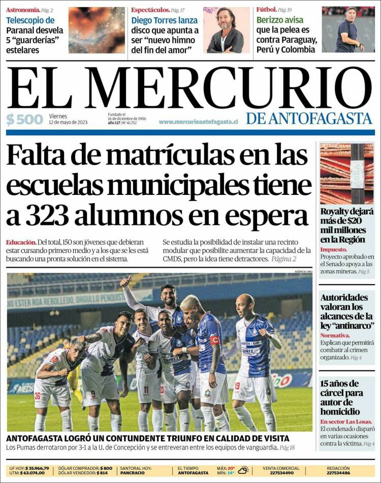 Portada de El Mercurio de Antofagasta (Chile)