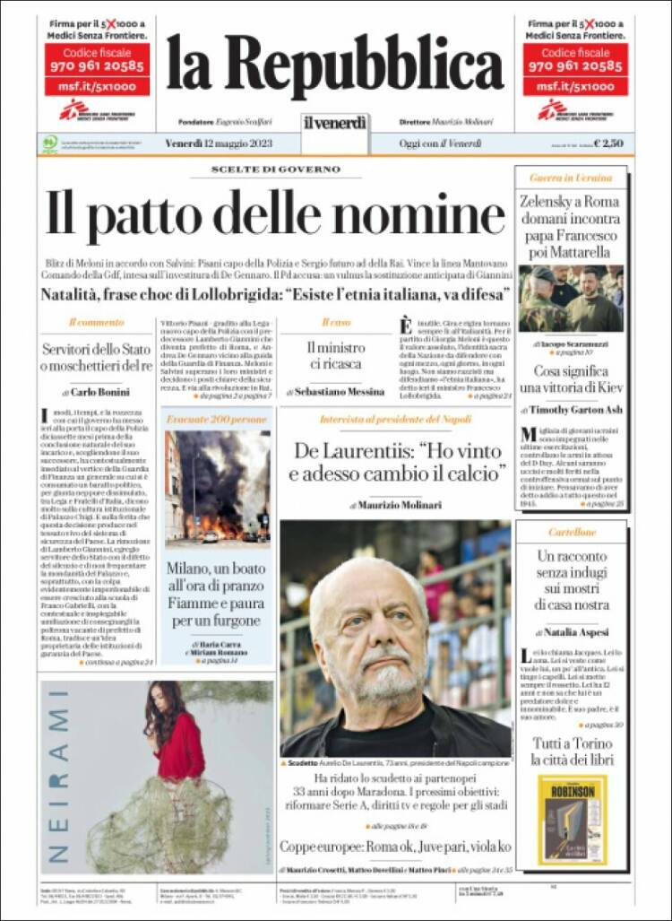 Portada de La Repubblica (Italia)