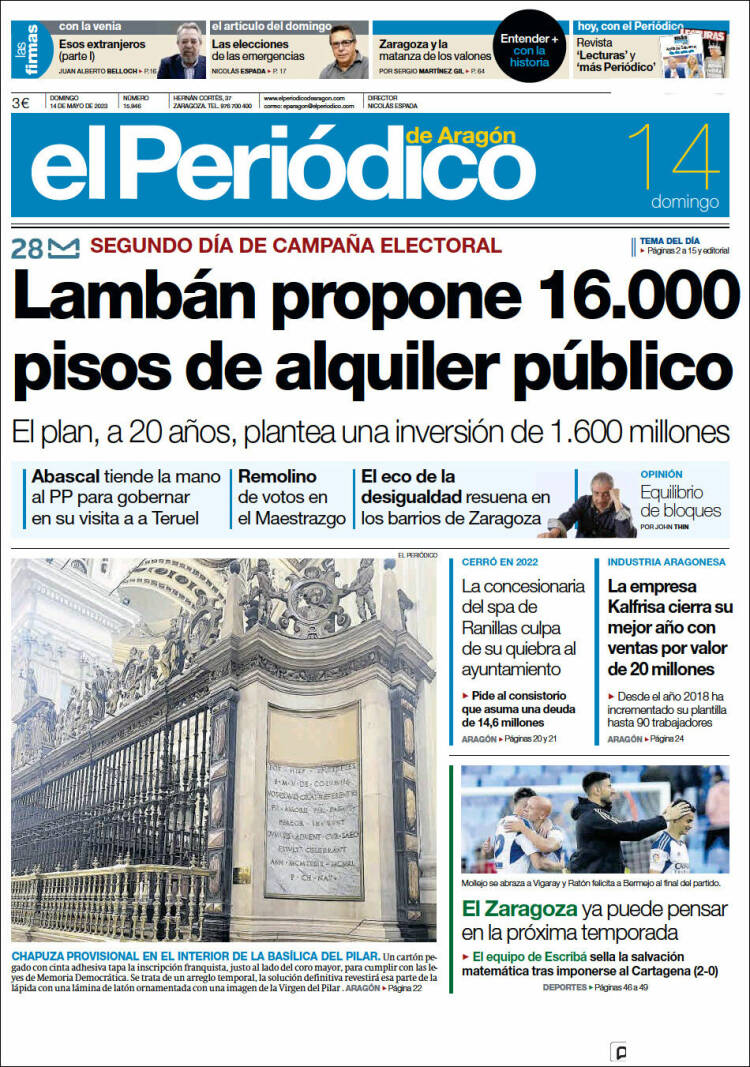 Portada de El Periódico de Aragón (España)